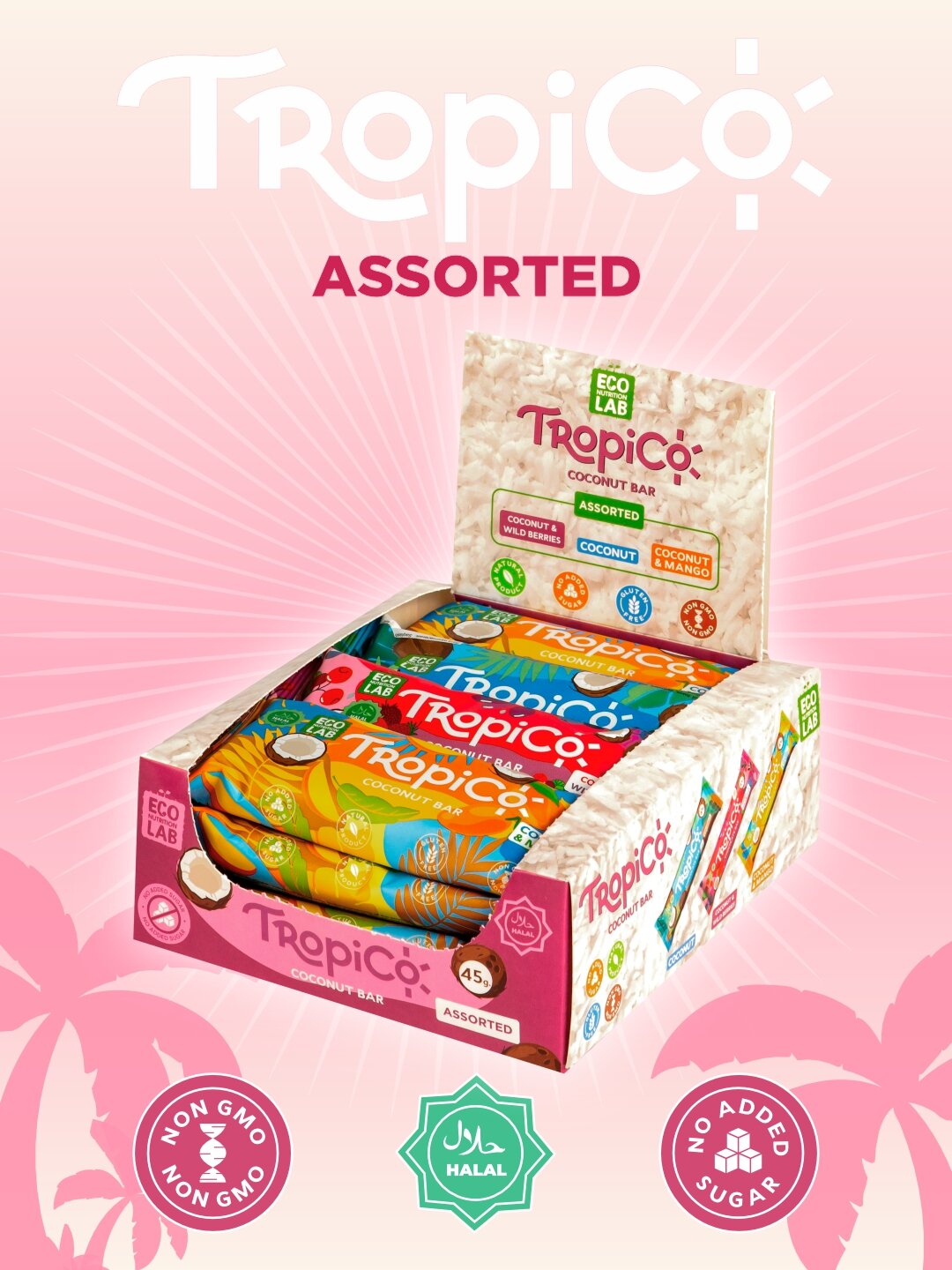 Кокосовый батончик TropiCo ассорти из 3х вкусов , без сахара, 12 шт, 45 г