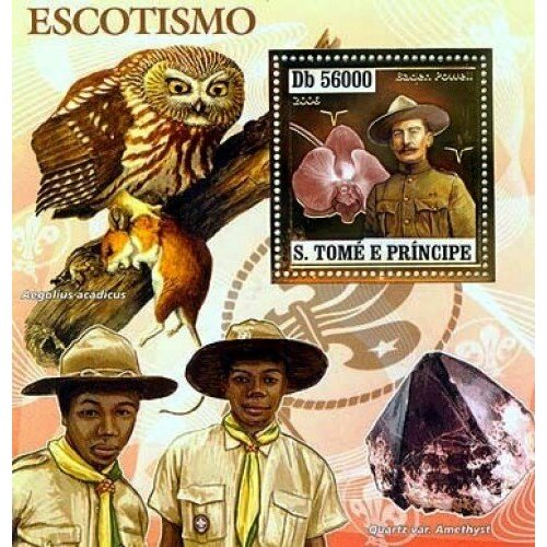 Почтовые марки Сан-Томе и Принсипи 2006г. Скауты - Баден-Пауэлл, золотая фольга Пионеры, Совы, Орхидеи MNH
