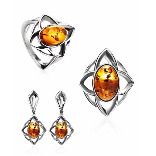 фото Комплект бижутерии: кольцо, серьги, подвеска, янтарь, коричневый amberhandmade