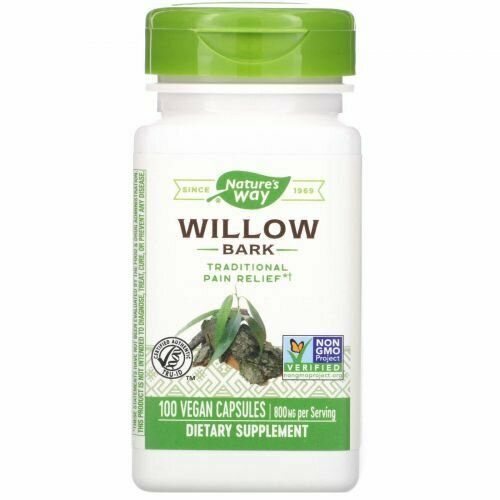 Кора ивы / Обезболивающие, Витамины для иммунитета для взрослых, от простуды, 100 растительных капсул, лекарственные травы, веган / Nature's Way, Willow Bark