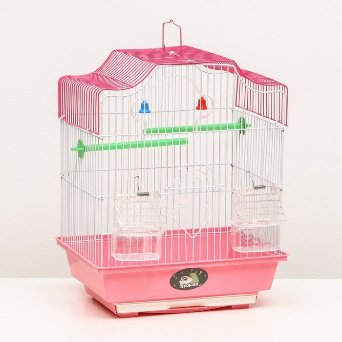 Пижон Клетка для птиц фигурная с кормушкками, 30 х 23 х 39 см, розовая - фотография № 1