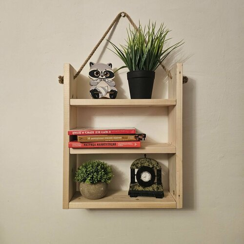 Полка настенная деревянная на веревке навесная прямая 45х37х12см