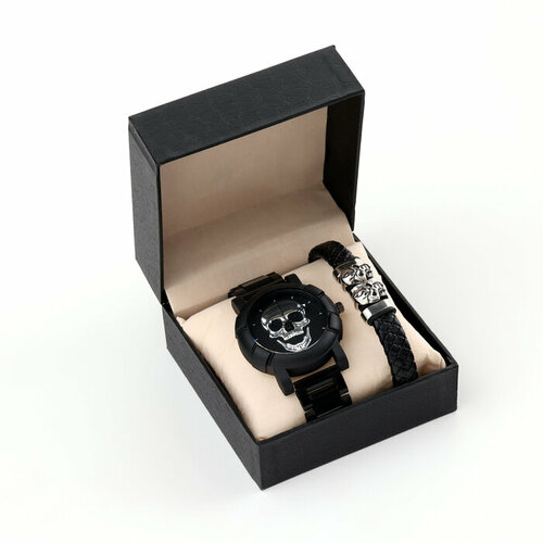 Мужской подарочный набор "Череп" 2 в 1: наручные часы, браслет 10068393