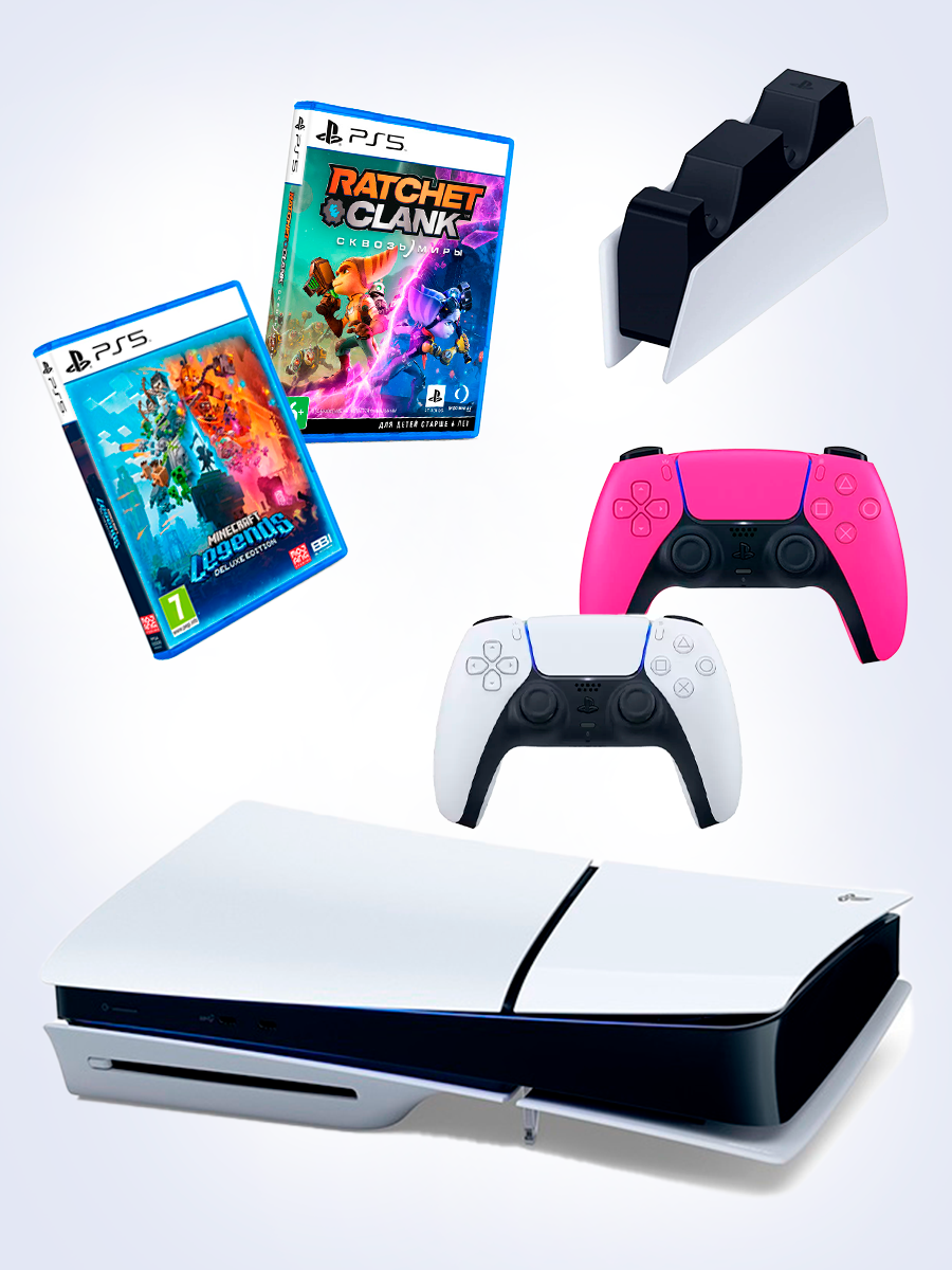 PS5 (ПC5) Игровая приставка Sony PlayStation 5 Slim disc + 2-й геймпад(розовый) + зарядное + игра Minecraft+ игра Ratchet Clank