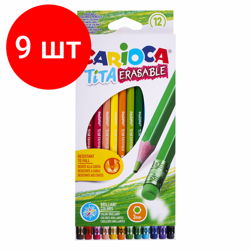 Комплект 9 шт, Карандаши цветные стираемые с резинкой CARIOCA Erasable, 12 цветов, пластик, шестигранные, заточенные, 42897