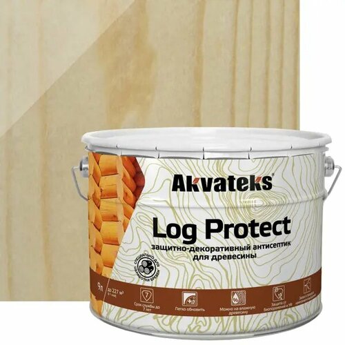 антисептик akvateks log protect полуматовый прозрачный 9 л Антисептик защитно-декоративный для древесины и бревен Akvateks LOG Protect полуматовый прозрачный 9 л