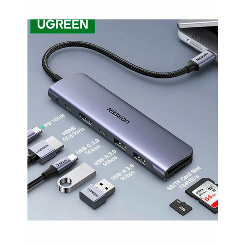 Конвертер UGREEN CM195 (15214) USB-C To HDMI+2*USB 3.0 A+ USB-C+SD/TF+PD цифровой конвертер ugreen cm321 usb c 3 0 2 5 sata 70610