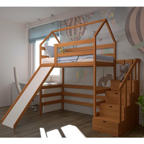 Кровать детская, подростковая "Чердак с лестницей-комодом и горкой", 160х80, натуральный цвет, из массива