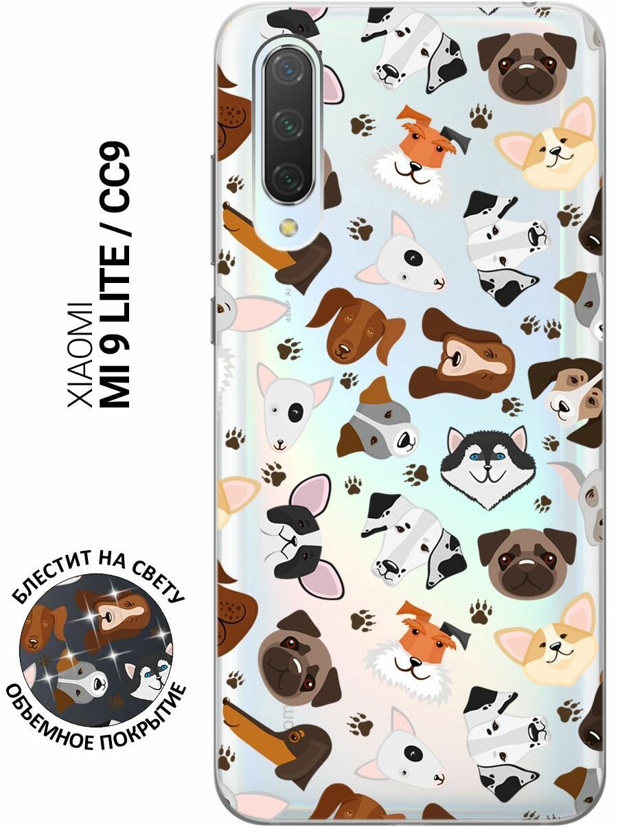 Силиконовый чехол на Xiaomi Mi 9 Lite, CC9, Сяоми Ми 9 Лайт, Ми СС9 с 3D принтом "Dogs Pattern" прозрачный