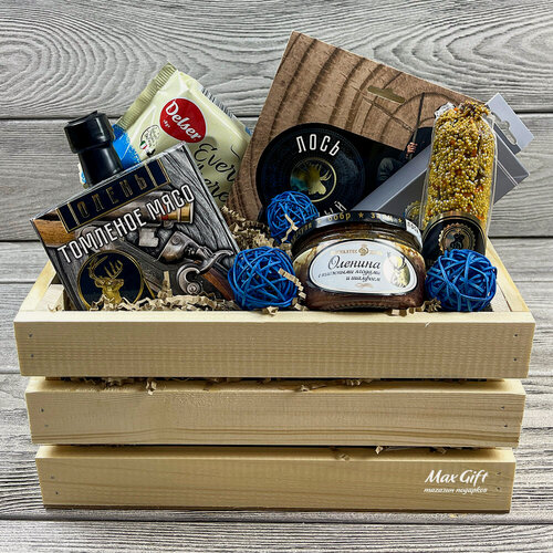 Изображение товара Подарочный набор Max Gift "Подарок охотнику", колбасные деликатесы и соус.