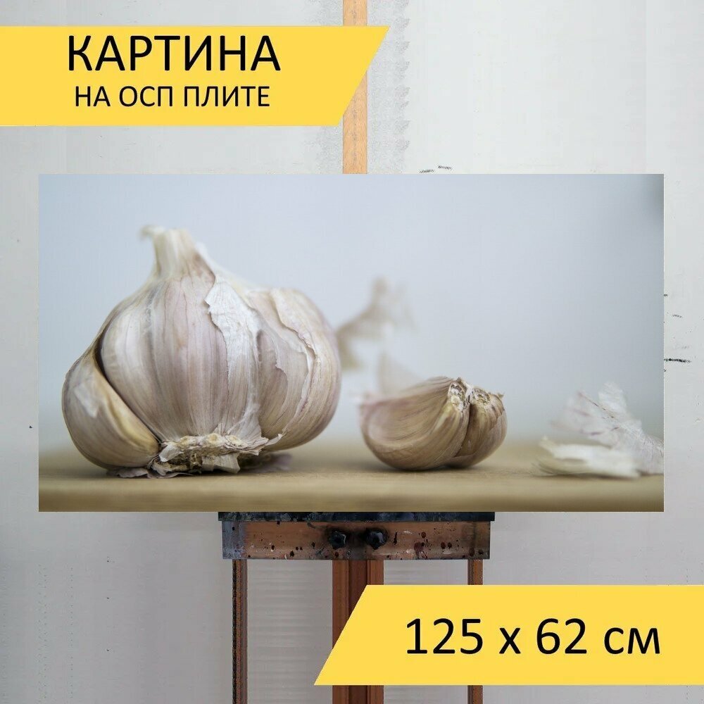 Картина на ОСП 125х62 см. "Чеснок, сырой, еда" горизонтальная, для интерьера, с креплениями