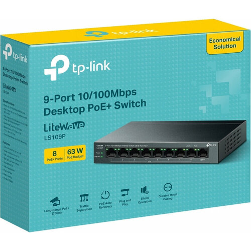 Коммутатор TP-Link LS109P L2 9x100Мбитс 8PoE 8PoE 63W неуправляемый 5663₽