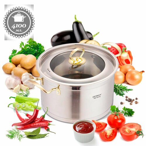 Кастрюля из нержавеющей стали 4,1 л со стеклянной крышкой 22 см для всех видов плит