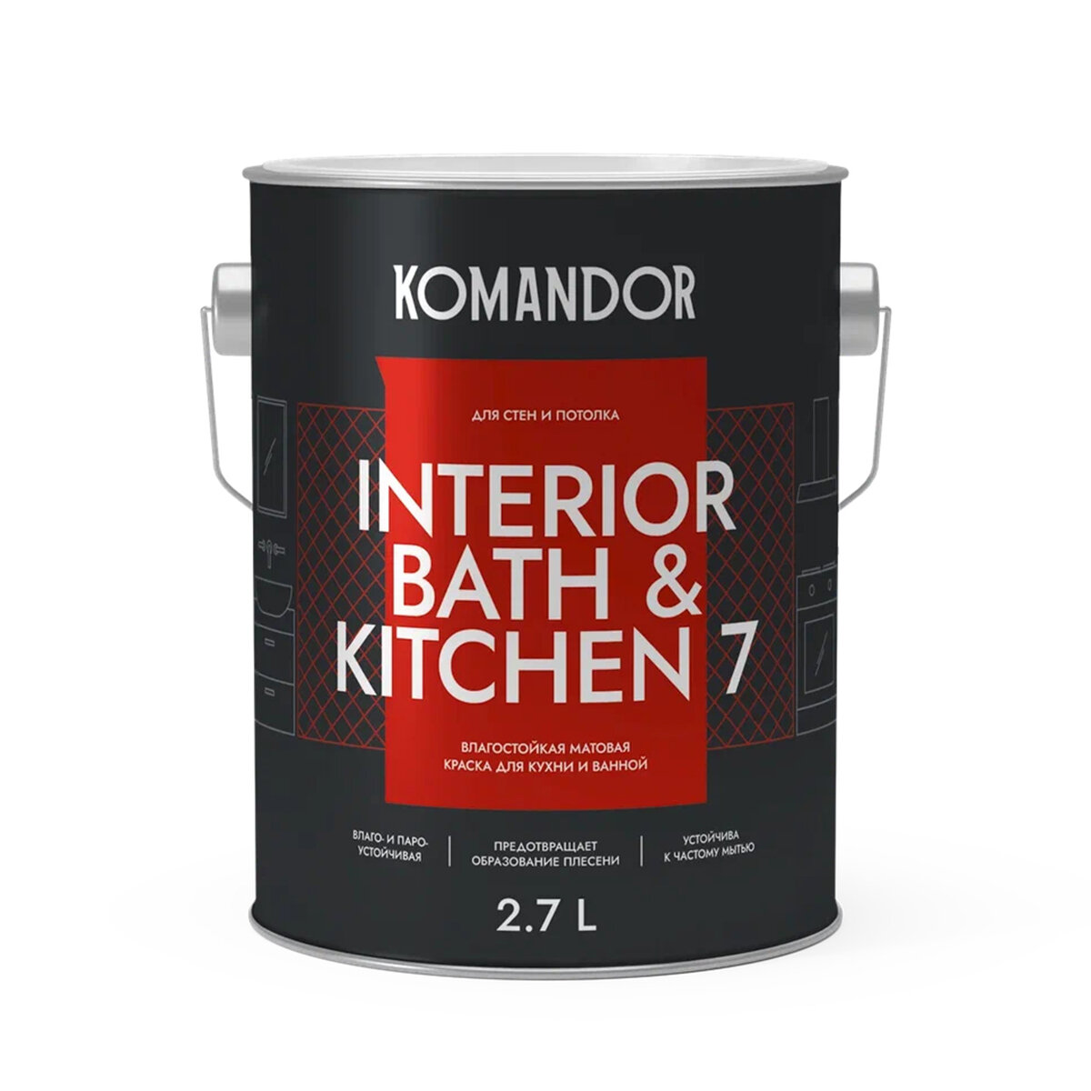 Краска интерьерная влагостойкая Komandor Interior Bath&Kitchen 7, матовая, база А, белая, 2,7 л