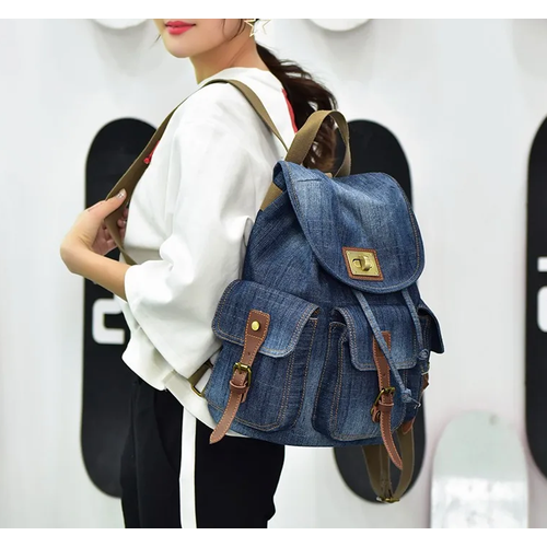 Рюкзак джинсовый женский 36 х 26 х 16 городской с клапаном на завязке