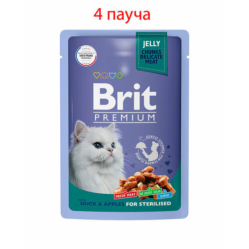 Пауч Brit Premium для взрослых стерилизованных кошек утка с яблоками в желе 85гр, 4шт brit premium полнорационный влажный корм для стерилизованных кошек с перепелкой кусочки в желе в паучах 85 г