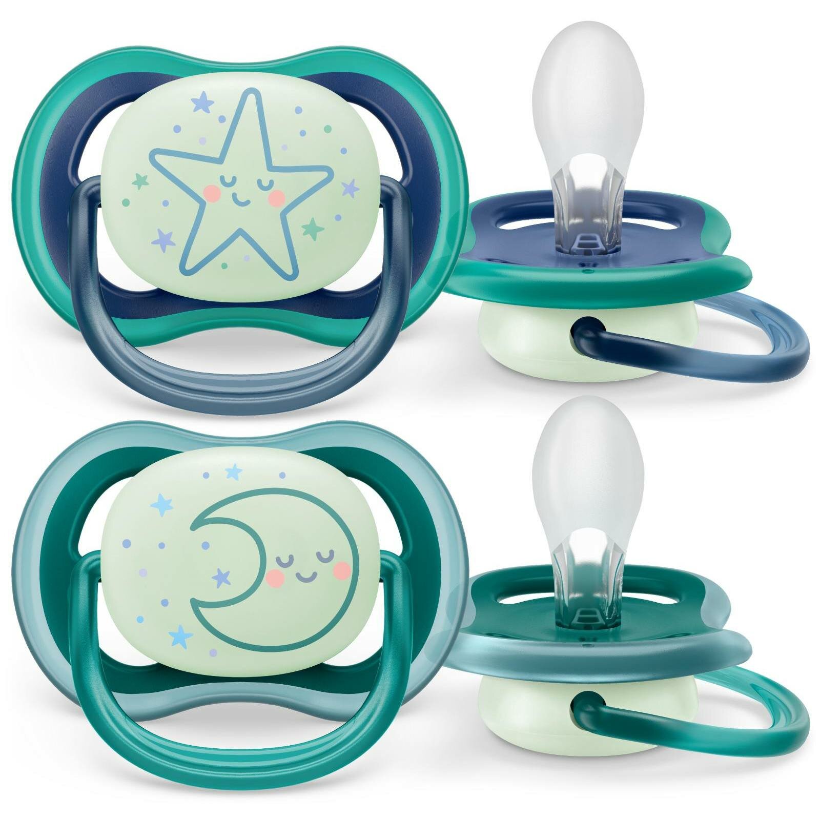 Соска-пустышка силиконовая светящаяся Philips Avent ultra air night SCF376/13 с футляром для хранения и стерилизации, 6-18 мес, 2 шт.