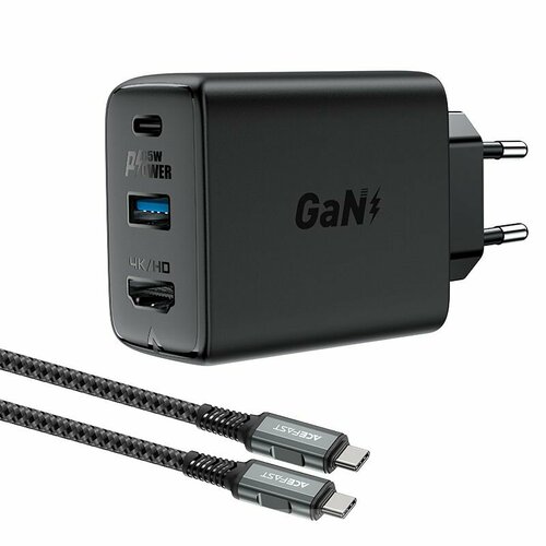 Сетевое зарядное устройство ACEFAST A17 65W GaN multi-function HUB charger set EU с кабелем USB-C - USB-C. Цвет: черный vention 65w 3 port usb c c a gan charger 65w 30w 30w eu plug black