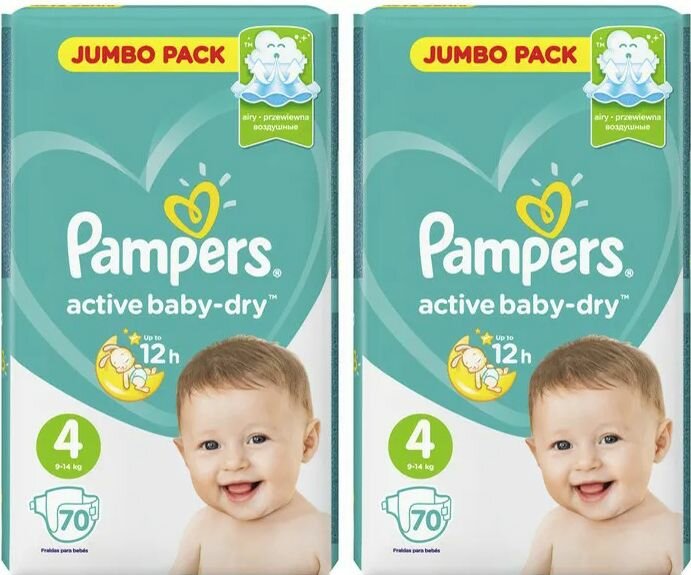 Подгузники Pampers Active Baby-Dry Maxi (9-14 кг) Джамбо, 70+70 (140 шт)