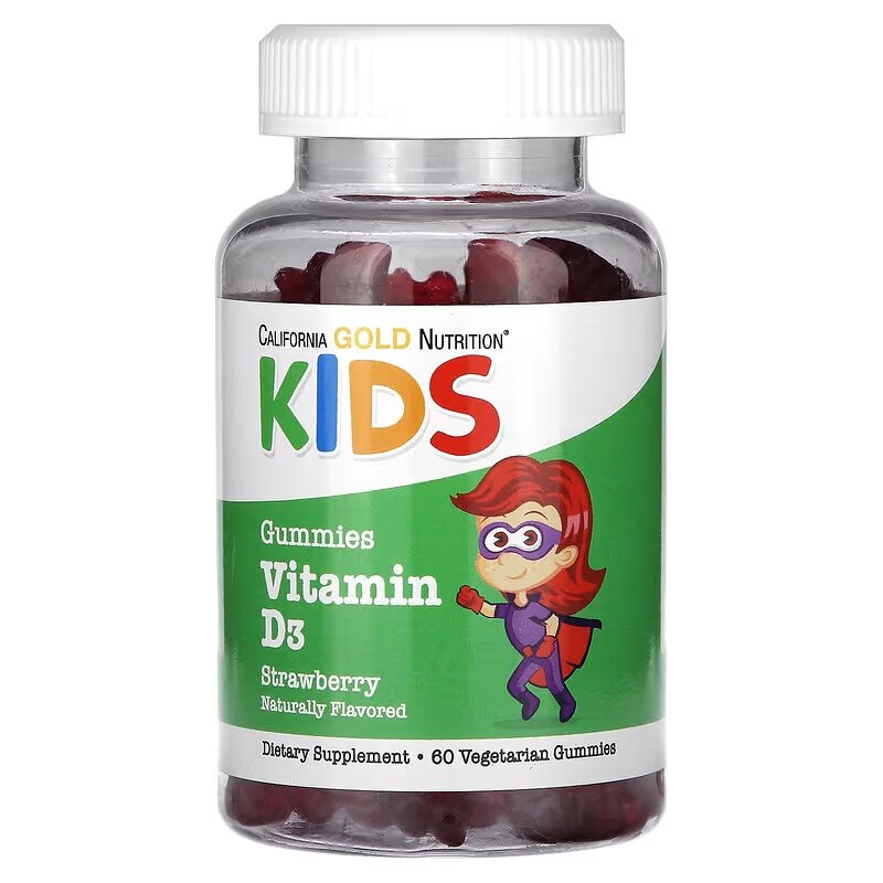 California Gold Nutrition, витамин D3 для детей, без желатина, натуральная клубника, 60 вегетарианских жевательных таблеток