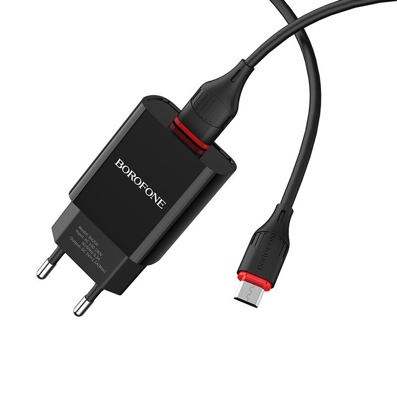 Сетевая зарядка USB Borofone BA20A, 5V-2.1A с кабелем Micro-USB, 1м, черный