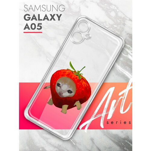 Чехол на Samsung Galaxy A05 (Самсунг Галакси А05), прозрачный силиконовый с защитой (бортиком) вокруг камер, Brozo (принт) Котик в Клубнике чехол на samsung galaxy a05 самсунг галакси а05 прозрачный силиконовый с защитой бортиком вокруг камер brozo принт корги в пончике