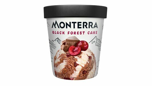 Мороженое сливочное Monterra Black Forest Cake двухслойное шоколадное с вишней и кусочками печенья 9%, 300 г