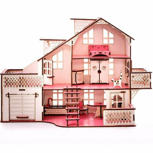 Iwoodplay Кукольный домик с гаражем Розовая Сказка Iwoodplay ЭД-032