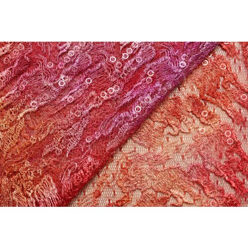 Ткань Кружево красно-пурпурное батик с пайетками, ш125см, 0,5 м