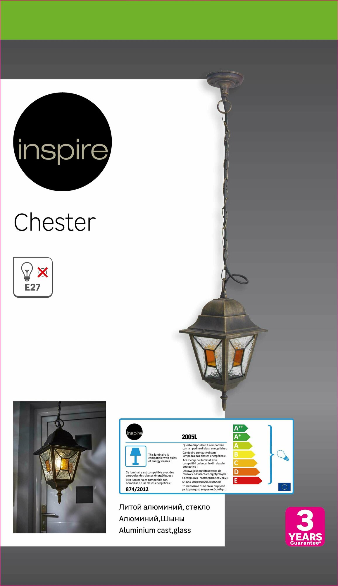 Подвесной светильник уличный Inspire Chester 1xE27х100 Вт, декоративное стекло, IP44 - фото №1