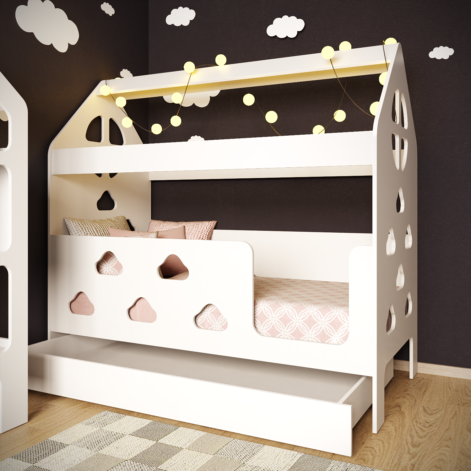 Кровать детская домик с ящиком (вход справа) "Облачка"
