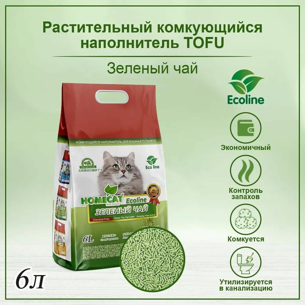 Наполнитель кукурузный для кошачьего туалета Homecat комкующийся зеленый чай 6 л.