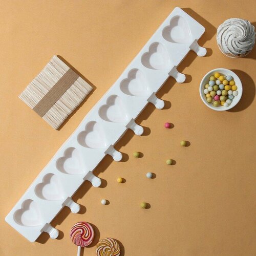 Форма для мороженого Доляна Сердца Макси силикон 49652 см 8 ячеек палочки 50 шт цвет белый 681₽