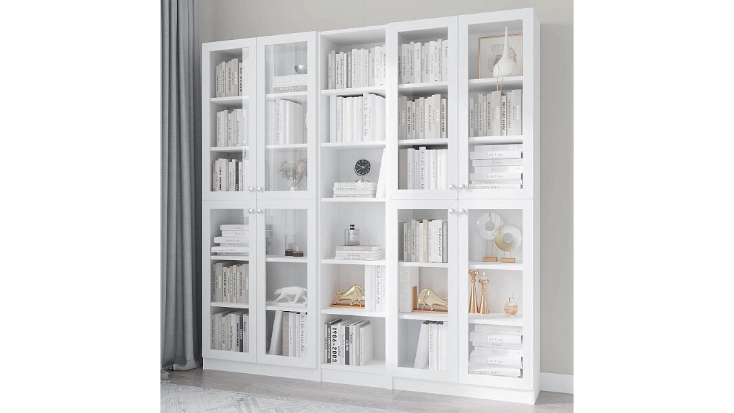 Шкаф книжный Билли 30 по мотивам IKEA Икея Белый Фасадный 0101, 200*30*202 см, ЛДСП с рамкой МДФ