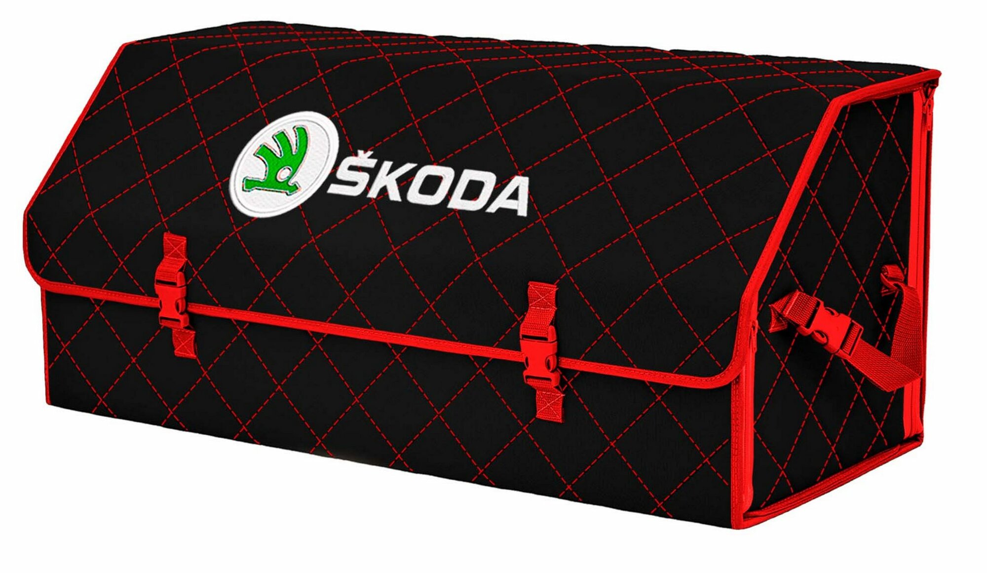 Органайзер-саквояж в багажник "Союз" (размер XXL). Цвет: черный с красной прострочкой Ромб и вышивкой Skoda (Шкода).