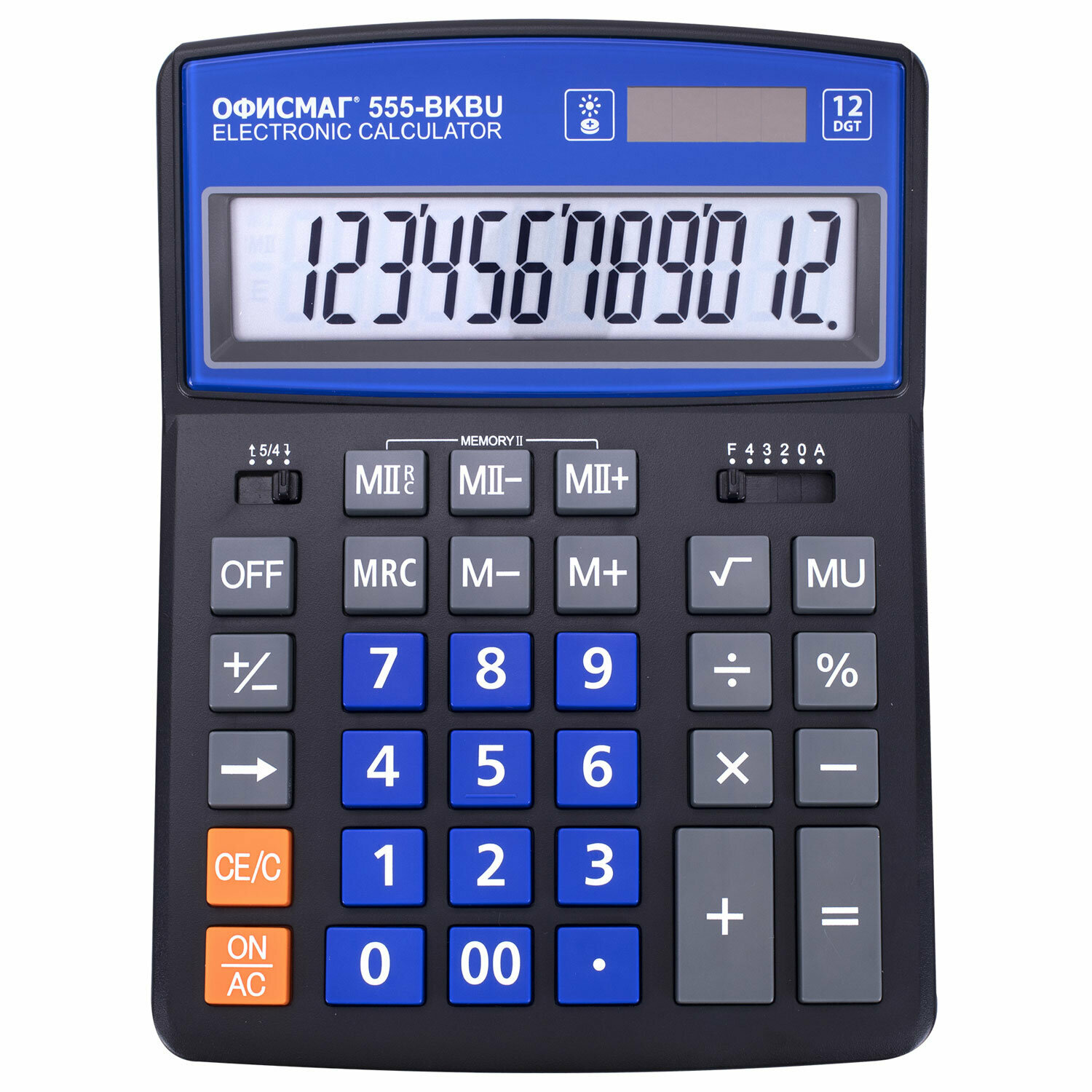 Калькулятор настольный большой 12 разрядный, 206x155 мм, двойное питание, черный, Офисмаг 555-BKBU, 271927