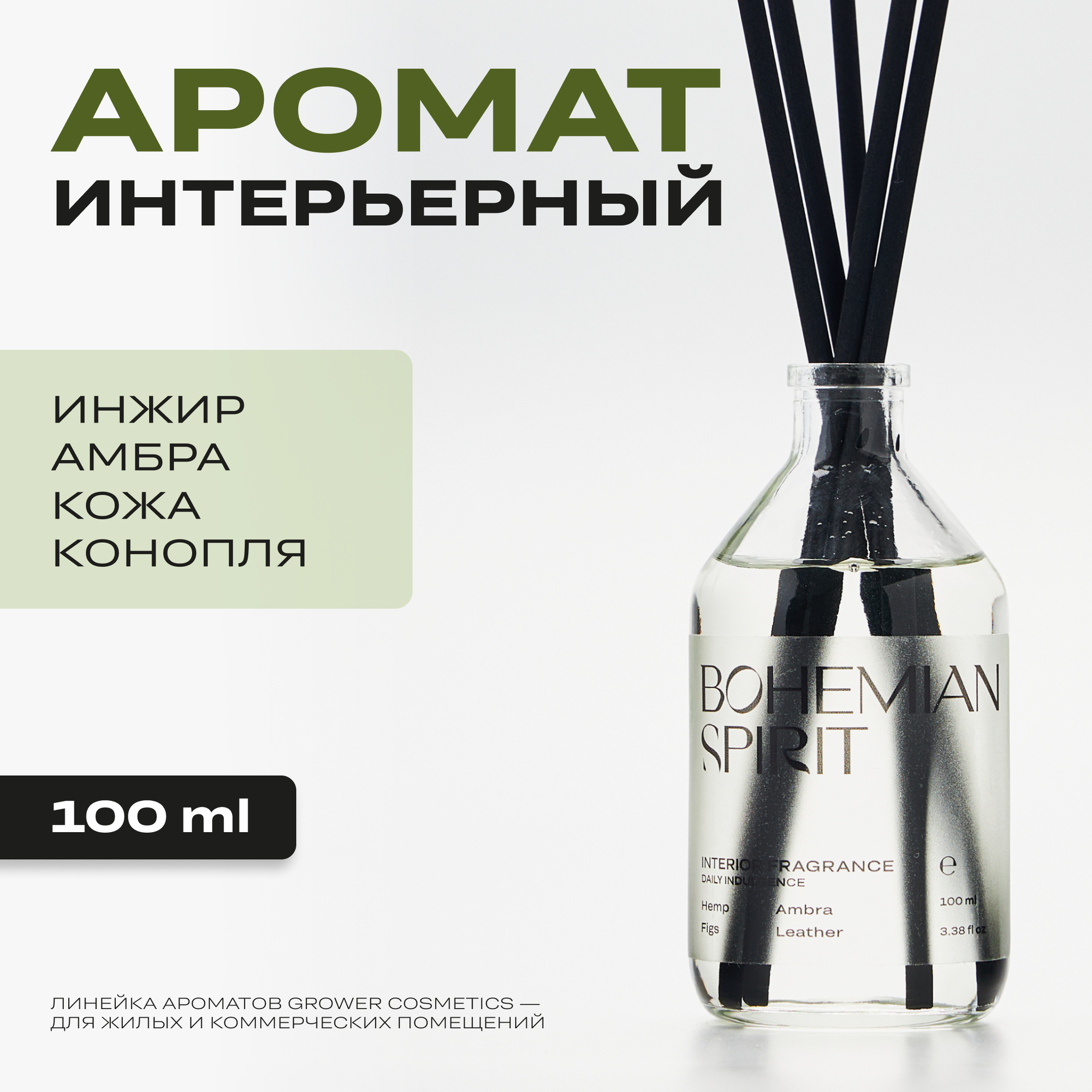 Арома диффузор Grower cosmetics "BOHEMIAN SPIRIT" Инжир, Амбра, Кожа, Конопля. 100мл