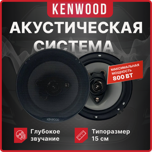 Изображение товара Автомобильные динамики KENWOOD "KFC-1658", 15 См, 500 Вт, Комплект из 2 штук, Коаксиальная акустика 3-х полосная, С защитными сетками