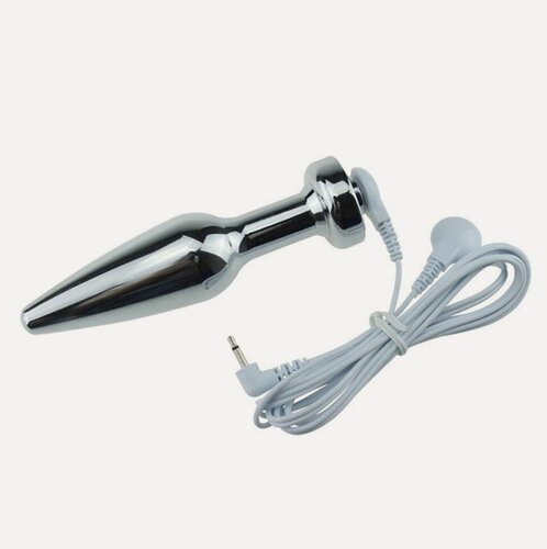 Изображение товара Анальная пробка для электростимуляции металлическая серебристого цвета длина 11 см диаметр 2,7 см