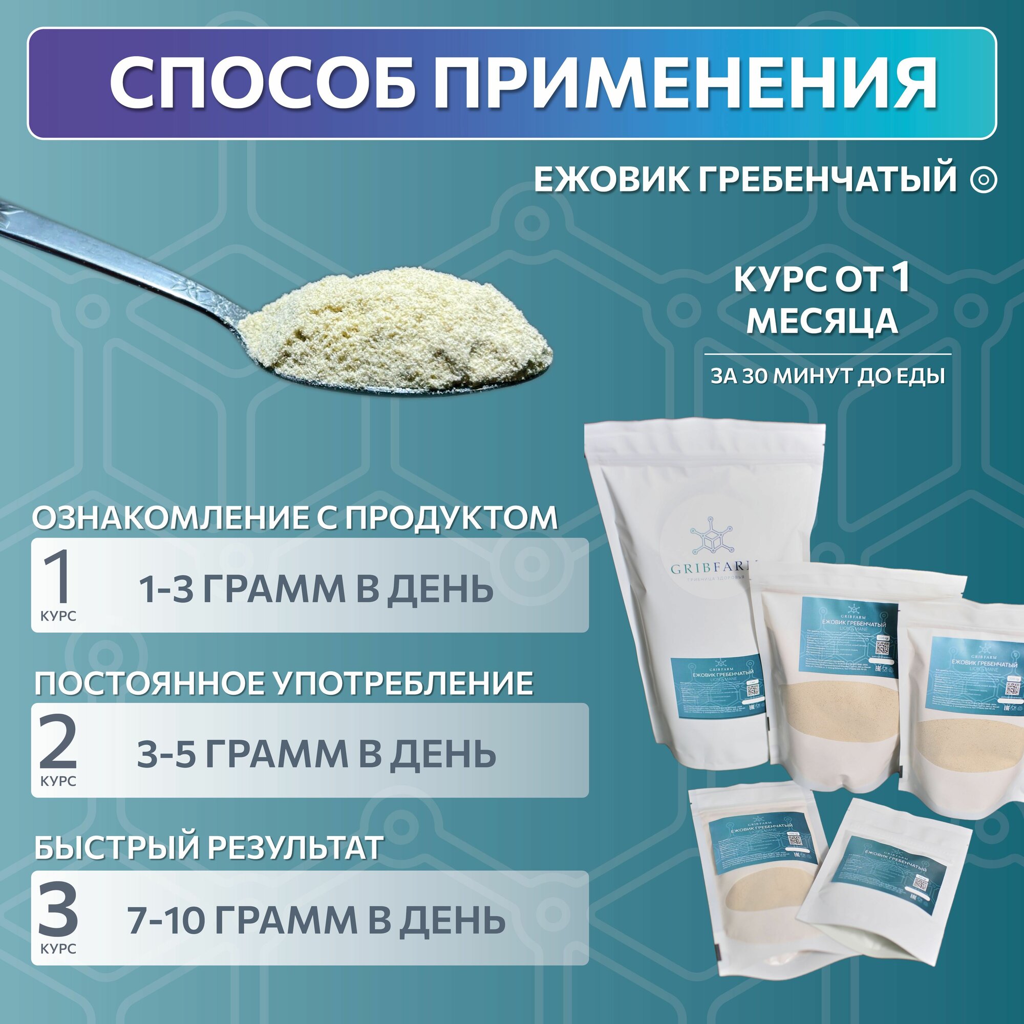 Ноотропы Мицелий Ежовика гребенчатого Lion's Mane GribFarm, 1кг, для микродозинга и ноотропов