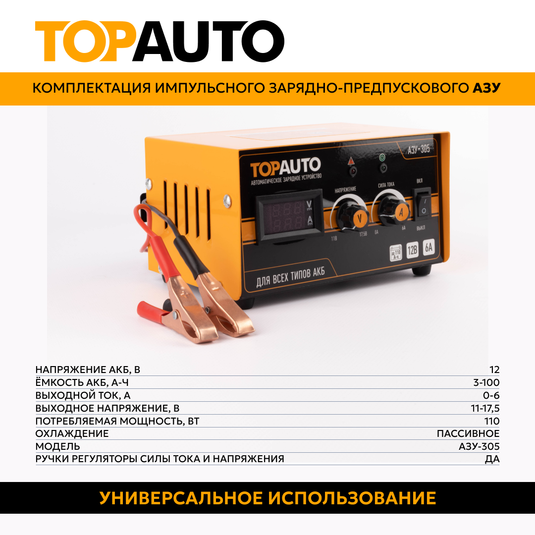 Зарядное устройство для аккумуляторов автомобиля 12В TOPAUTO импульсное для АКБ 6А, автоматическое АЗУ-305 — фото 1