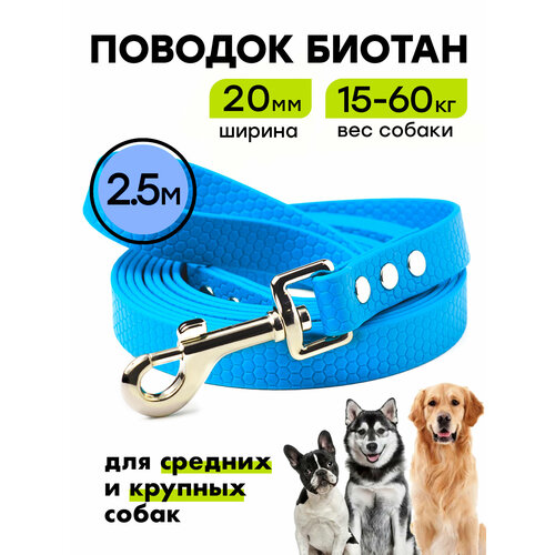 Поводок из биотана 2,5 м, ширина 20 мм, Woofy "Geksa", прорезиненный, водостойкий, голубой