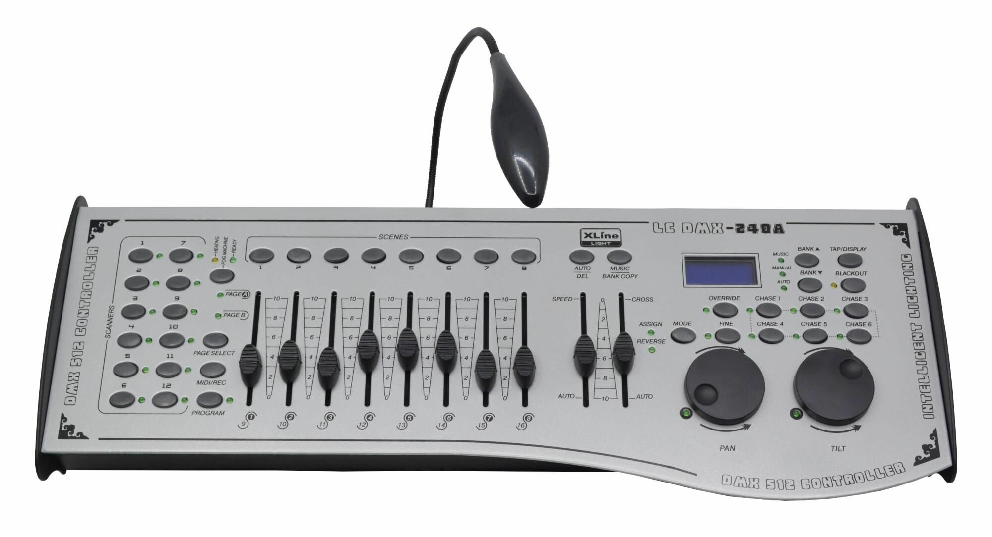 Контроллер DMX, 192 канала XLine Light LC DMX-240A, режимы работы: DMX-512, MIDI-интерфейс (миди контроль над банками, чейзами и блэкаутом), звуковая активация