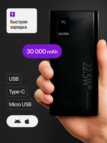 Изображение товара Портативный внешний аккумулятор 30000 mah, универсальный powerbank для смартфона, зарядное устройство с быстрой зарядкой
