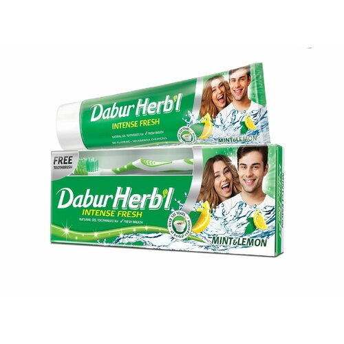 фото Dabur herb'l mint & lemon зубная паста дабур мята и лемон для свежести дыхания (зубная щетка в подарок) 150 г