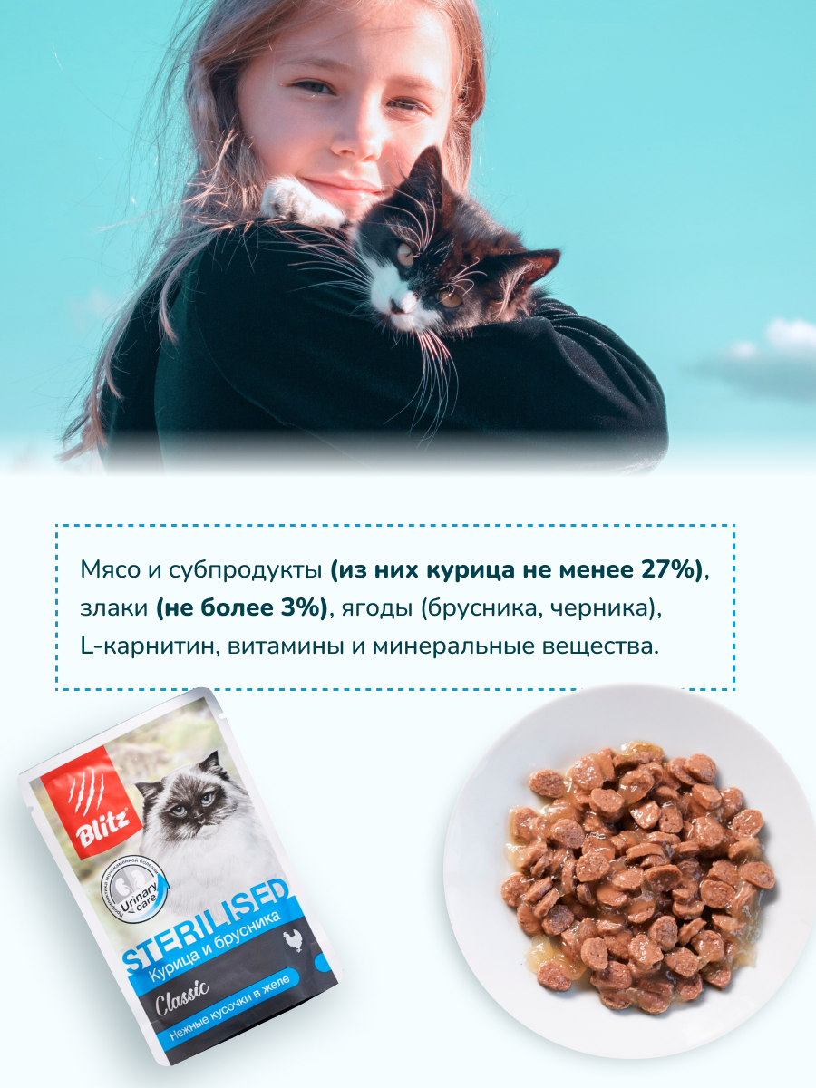 Консервированный корм BLITZ для стерилизованных кошек и кастрированных котов Курица с брусникой кусочки в желе 85 гр Х 24 шт — фото 1