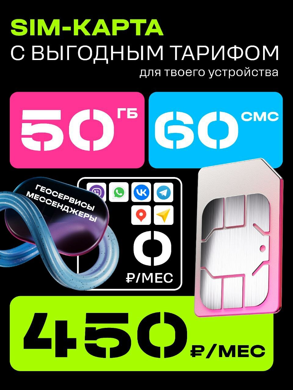 Сим-карта для всех устройств 50 ГБ 60 смс 450 руб/мес. Самостоятельная регистрация. Безлимит на мессенджеры, соцсети, навигатор.