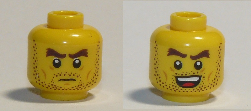 Minifigure, Head Dual Sided Dark Brown Beard Stubble, Dark Brown Thick Eyebrows, Grumpy / Open Mouth Smile Pattern, 3626pb2571 Yellow U