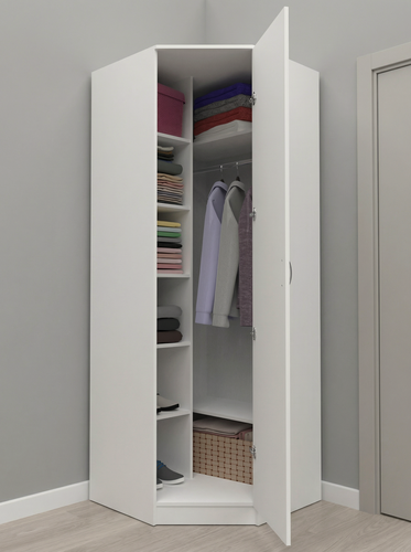 Изображение товара Шкаф угловой распашной Анри-1 с 8 полками и штангой для вешалок, белый