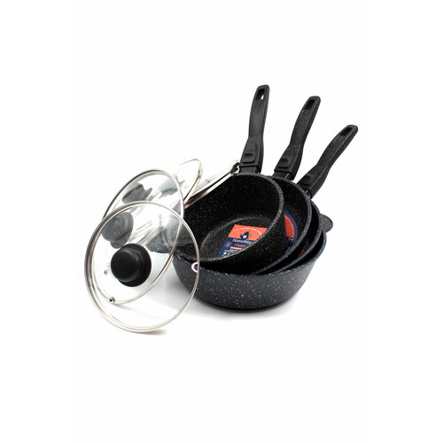 Набор посуды из литого алюминия, гранитное покрытие, с крышками, 8 предметов (ковш 1,5л, сковороды 22 и 24см, жаровня 26см, крышки 18,22,24,26см). Комплект оптима HomeWay
